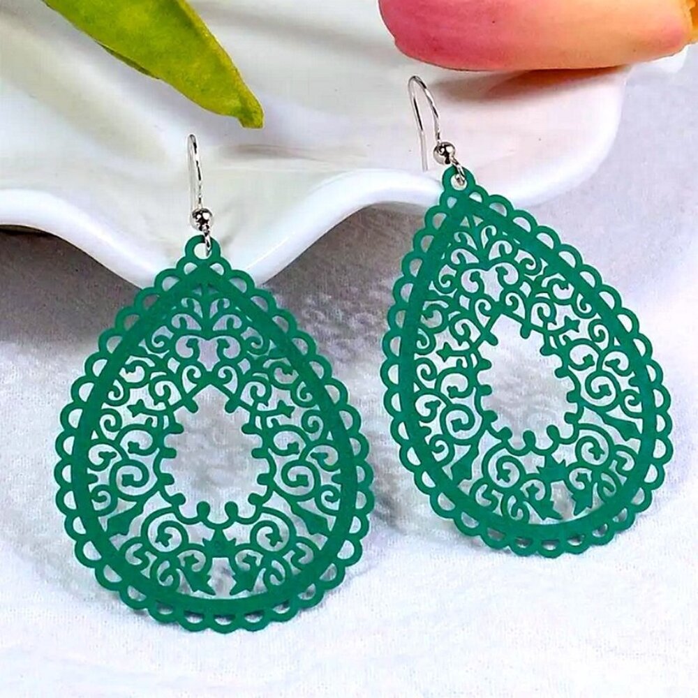 Ophelia Filigree Teardrop Water Drop Dangle Earrings Pine Green Gift Packaged